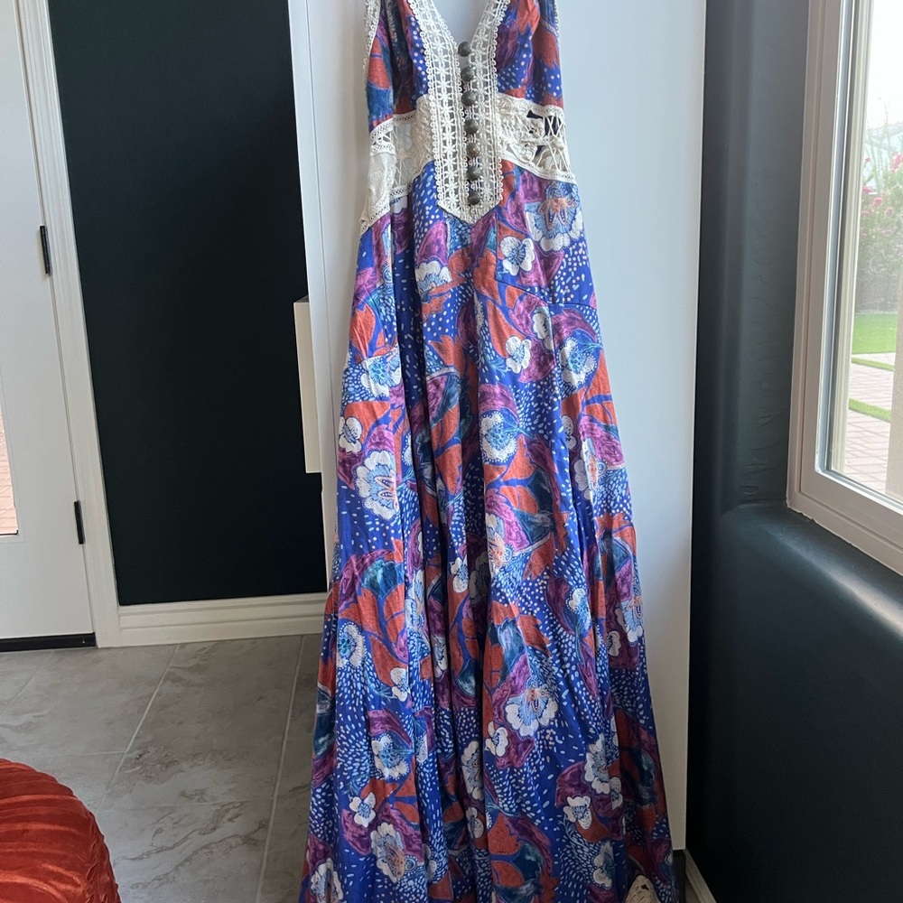 Free People Blue and Red Floral Backless Dress
